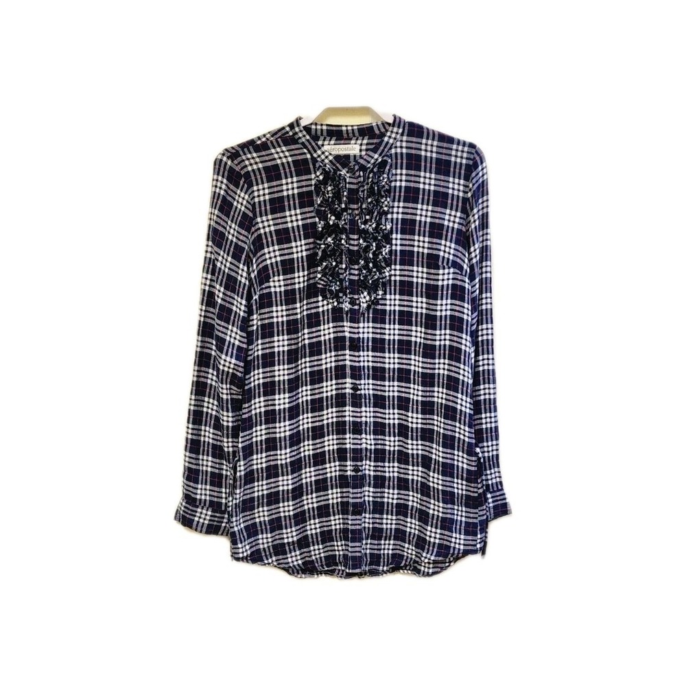 Womens AEROPOSTALE Navy Plaid Ruffle Tunic Long Sleeve Shirt Size Medium - Picture 3 of 8